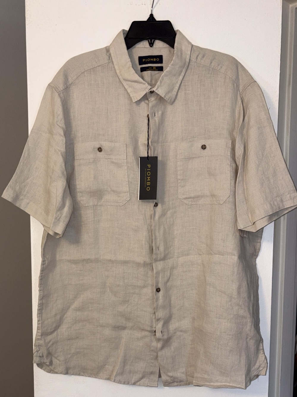 Piombo Men XXL Beige Solid Short Sleeve Point Collar Button-Up Woven Shirt